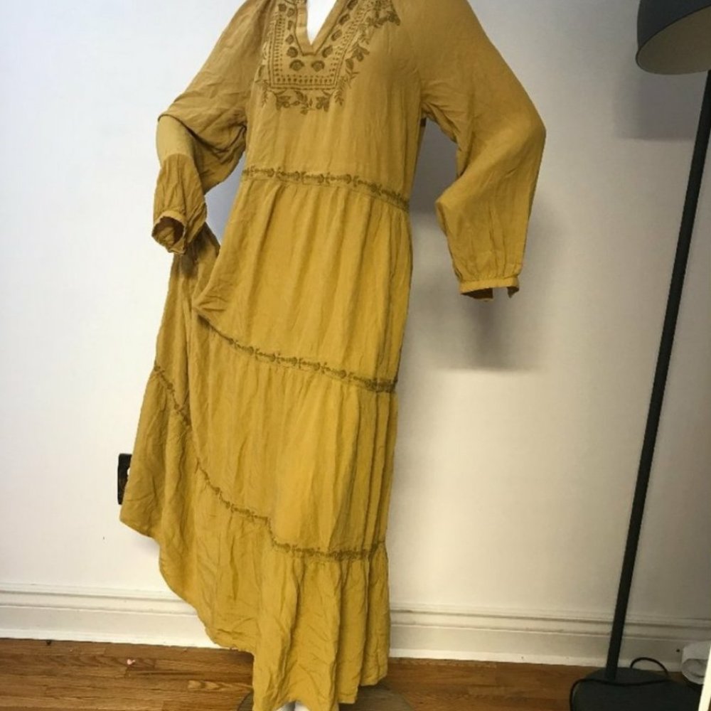 Boho Embroidered Maxi Dress - Mustard